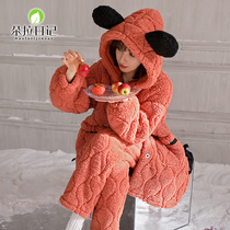 Thick padded cotton pajamas womens winter three-layer warm super thick mid-length hood cute plus plus cotton loungewear set