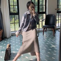 2018 popular coat womens winter denim double-sided jacket wool tweed wide leg pants set woolen jacket short