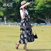 Lofan Poetry 2022 Summer New High-end Slimy Age Fashion 100 Hitch Strap Skirt Black Printed Woman Taste Dress