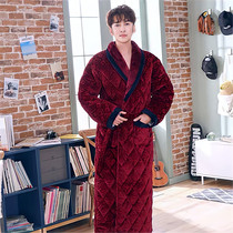 Japanese Sleeping Robes Mens Autumn winter Coral Flannel Triple thickened Long-style Warm Flannel with increased code bathrobe