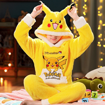  Autumn and winter thickened Pikachu boy pajamas large size warm childrens baby spring coral velvet suit home clothes