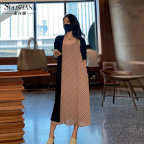 Spring and summer trembles with slim long skirt temperament fashion Plaid suspenders retro dress cardigan tide Linda sister