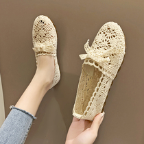 Summer Old Beijing Cloth Shoes Women Breathable Mesh Fabric Single Shoe Lace Hollowed-out Soft Bottom Women Shoes Flat-bottomed Bean Bean Shoes Pregnant Women Shoes