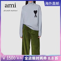 Ami Paris 21 Autumn Winter New High Collar Hooded Sweatshirt Male and Mens Big Loving White Peach Sweater Knit Cardiovert