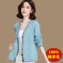 100 sheep sweatshirt female knitwear sweatshirt with thin long sleeves outer lap hook flower hollowed-out short pure wool sweater jacket