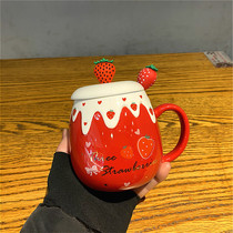 Cute ceramic mug girl heart with cover spoon mark cup strawberry large capacity creative home breakfast coffee mug