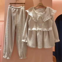 Large Turnover Collar Autumn Winter Coral Suede Pyjamas Woman Thickened Warm Bifacial Bubble Velvet Lace princess Home Residence Suit Suit