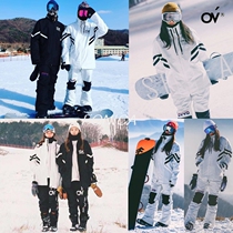 OVYO Korean ski clothes for men and women waterproof wind single double board wear-resistant warm zipper set black and white set