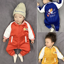  Baby one-piece autumn and winter Korean version contrast color plus velvet baseball tide suit baby climbing suit harem wear baby winter clothes outside