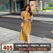  Dress female 2021 summer new waist thin chiffon high-end sense of mid-length split yellow one-piece skirt female
