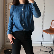 Original temperament not to be missed Henry collar single-breasted classic denim shirt 0305A1