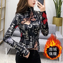 High collar and cashmere undershirt female autumn and winter 2022 new Eurostock Tide Ocean fashion printed tight blouses woman long sleeves