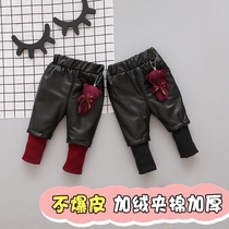 20 years of autumn and winter new female baby velvet PU leather pants child 0-1-2-3-year-old warm pants spliced outside to wear