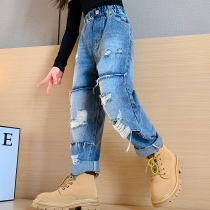 Girls dress in autumn childrens air - breaking jeans 2022 new Han Fan Zhong Big Girls fashionable pants