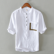 Summer linen short-sleeved shirt mens stand collar shirt five-point mid-sleeve half-sleeve casual white hemp on clothes