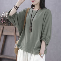 Han Soyi retro literary summer thin bat sleeve loose linen Half sleeve coat cotton linen T-shirt women short sleeve