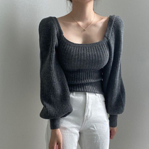H Home New ins square collar clavicle knit sweater women light European solid color small sexy lantern bubble sleeve top