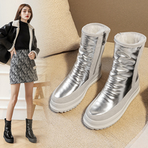 Snow boots female leather wool one plus velvet padded cotton bread shoes silver waterproof non-slip warm boots 4143 yards