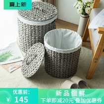 Blue grey rattan knitted dirty clothes basket with lid cloth lining round dirty coat barrel large number laundry basket hand chicked water fairy grass