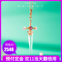 She one jewelry 18K rose gold crystal carving big treasure sword earrings custom pendant pearl earrings fashion ear hook