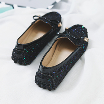 Chao brand 2021 spring sequined Bean shoes womens single shoes bow knot shallow mouth Net Red social lazy flat scoop shoes
