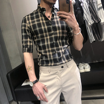 Fugui Bird shirt male middle sleeve Korean slim plaid seven-point sleeve business trend anti-wrinkle and non-iron tooling shirt