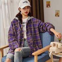 High cotton 2019 autumn plaid shirt womens loose hooded shirt mind top design jacket