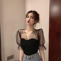  2021 summer new sexy mesh stitching sweater pullover slim V-neck short-sleeved bottoming shirt top womens clothing