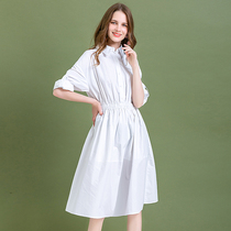 Akka womens clothing 2021 summer new retro port flavor style white shirt fashion waist long dress female