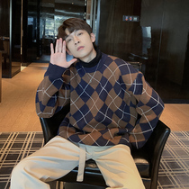 Hualun does not play Japanese diamond-shaped tartan sweater mens autumn winter ins Hong Kong wind thickened loose inner knit shirt