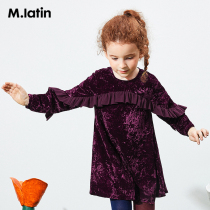 Maladin childrens dress female child long sleeve dress spring stitching ruffle velvet dress