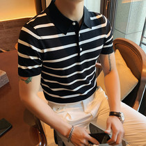 2022 summer sportsman casual short-sleeved ice silk T-shirt striped lapel knitted bottoming all-match POLO shirt business trend