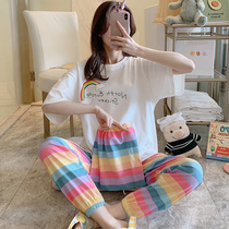 Sleepwear Womens Summer Two Sets Short Sleeves Long Pants Ins Nets Red Cute Rainbow Korean Version Student Home Suits Summer
