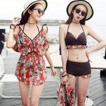 Split swimsuit womens bikini three-piece flat corner steel support small breasts gather flowers small fragrant wind blouse conservative suit