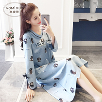 Korean version of nightdress female autumn cotton long sleeve sweet fresh pajamas female cute cartoon student Girl Loose home clothes