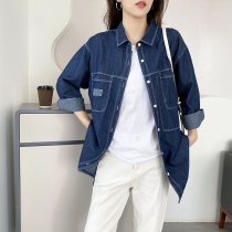 Denim coat womens autumn 2021 medium-length simple Hong Kong style solid color loose thin design sense patch top