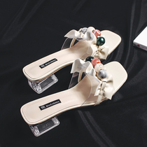 Tide Card 2022 New Crystal High Heel Slippers Women Summer Wear Fashion Net Red Transparent Square Head With Thick Heel Sandals