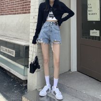 Tattered hole high waist denim shorts women summer slim design feeling net red a word short pants hot girls thin tide ins
