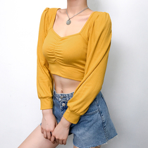  H family French retro square neck long-sleeved knitted T-shirt womens bottoming shirt chest folds exposed clavicle short exposed umbilical top