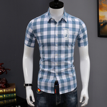 Shirt mens short sleeves Korean version of the trend summer cotton slim handsome plaid shirt youth casual Hong Kong style mens shirt