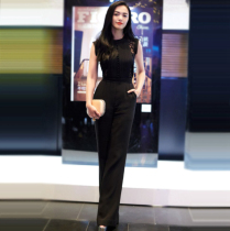 2020 summer womens new star Yao Chen catwalk high-end fashion long black slim slim jumpsuit