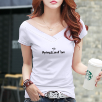 White V-neck T-shirt womens short sleeve slim slim backless shirt top chicken heart collar cotton thin T-shirt summer