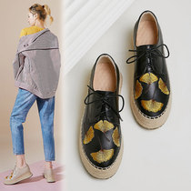 Hemp bottom thick sole shoes women 2021 Europe and the United States spring and autumn new leather lace-up embroidered platform shoes Joker casual shoes