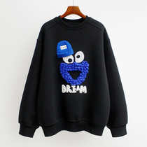 Small Crowdcartoon Embroidered Sweatshirt Lady Plus Suede Thickened 2022 Autumn Winter New Loose No Cap Round Collar Blouse