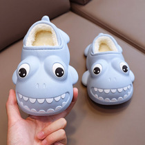 Shark childrens cotton slippers boys and girls autumn and winter cute plus velvet indoor shoes non-slip warm big childrens fur slippers