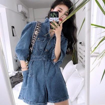 2020 new net red little lingering elegant wind denim conjoined shorts women thin high waist a straight tube wide leg sag