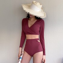 New Korean version of long-sleeved ins style long-sleeved split with chest pad tight high waist sexy body-covering swimsuit female bikini