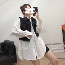 Open fork shirt type long sleeve one-piece dress denim waistcoat two-piece set of women 2022 new fall suit