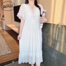 Japanese pajamas princess ice silk thin section with chest pad lace nightdress female summer pure cotton fairy palace home service summer