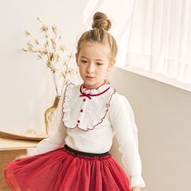 Boat Mouse Girls base shirt Autumn and winter velvet thickened Western style white fungus edge round neck long sleeve Korean fashion t-shirt